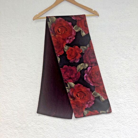 Red Rose & Burgundy Velvet Women's Scarf  Romantic Old World Style 55L X 10 1/4W - Picture 3 of 16